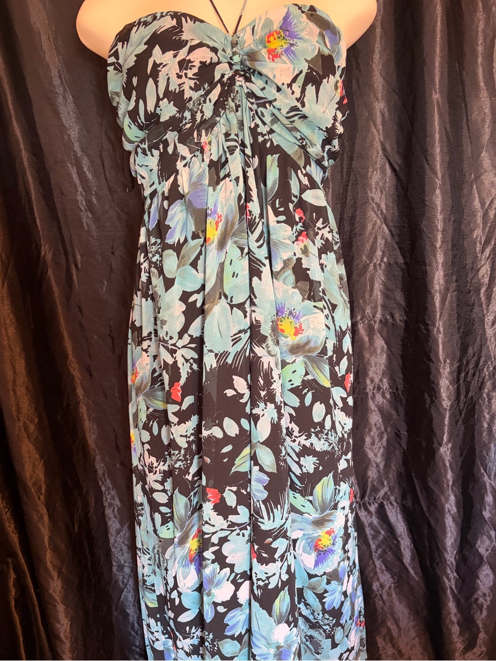 Atmosphere Black Strapless Maxi Dress with Aqua Floral Print